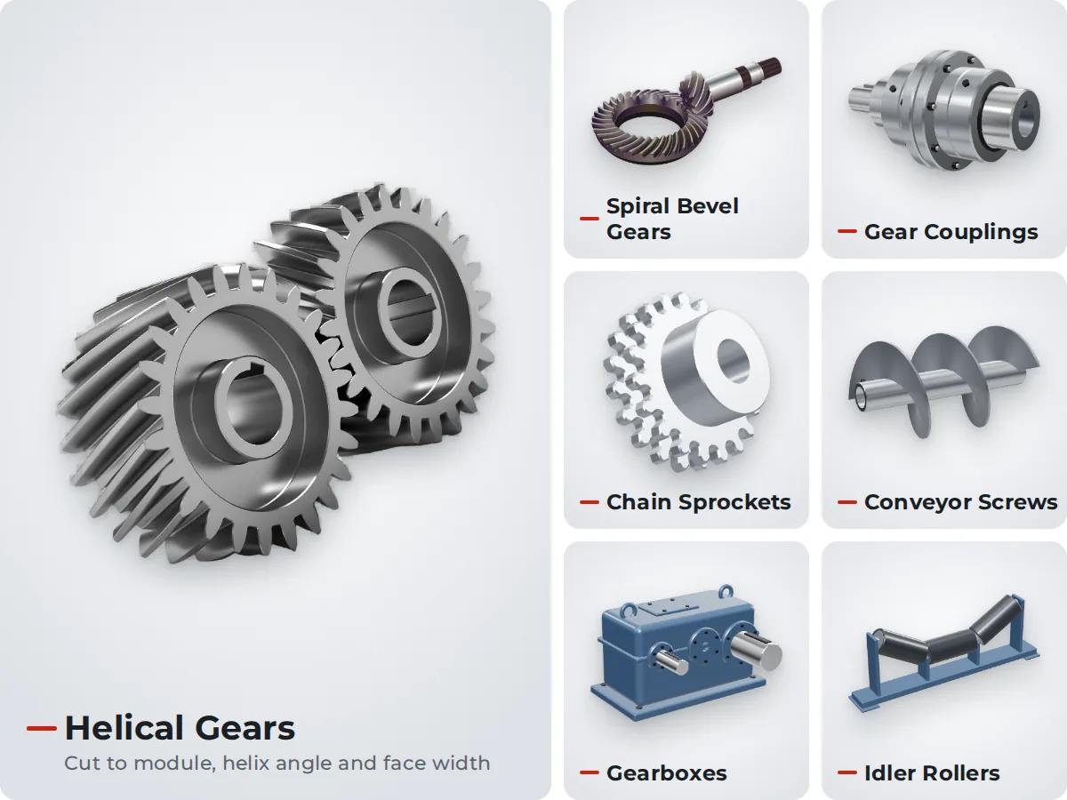Helical gears, spiral bevel gears, gear couplings, chain sprockets, conveyor screws, gearboxes and idler rollers made by Asar Engineering