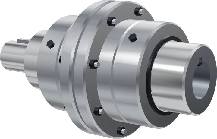 Flanged steel gear coupling with bolted sleeves and keyed hub