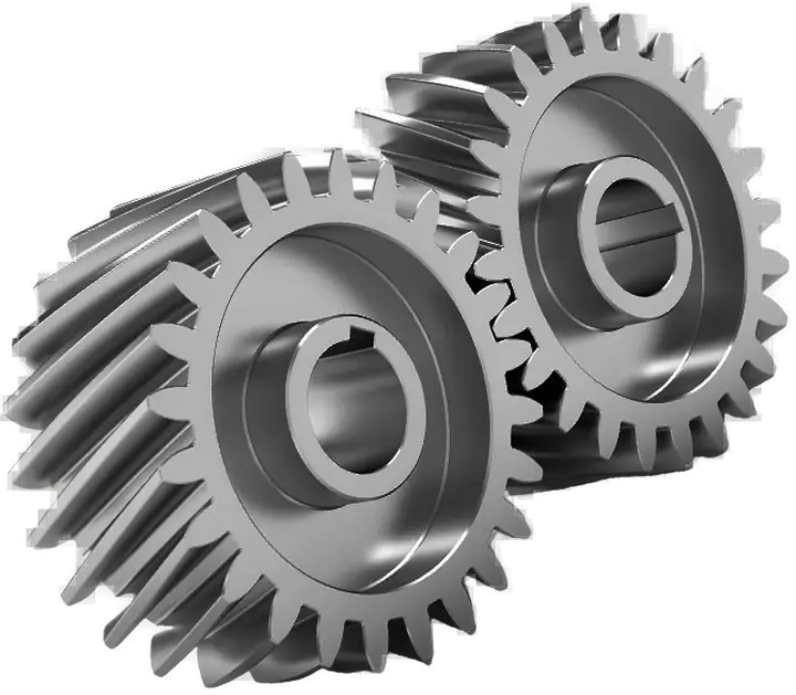 Pair of meshing steel helical gears with keyed bores