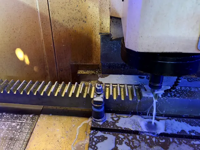 Gear rack teeth being cut on a CNC machine